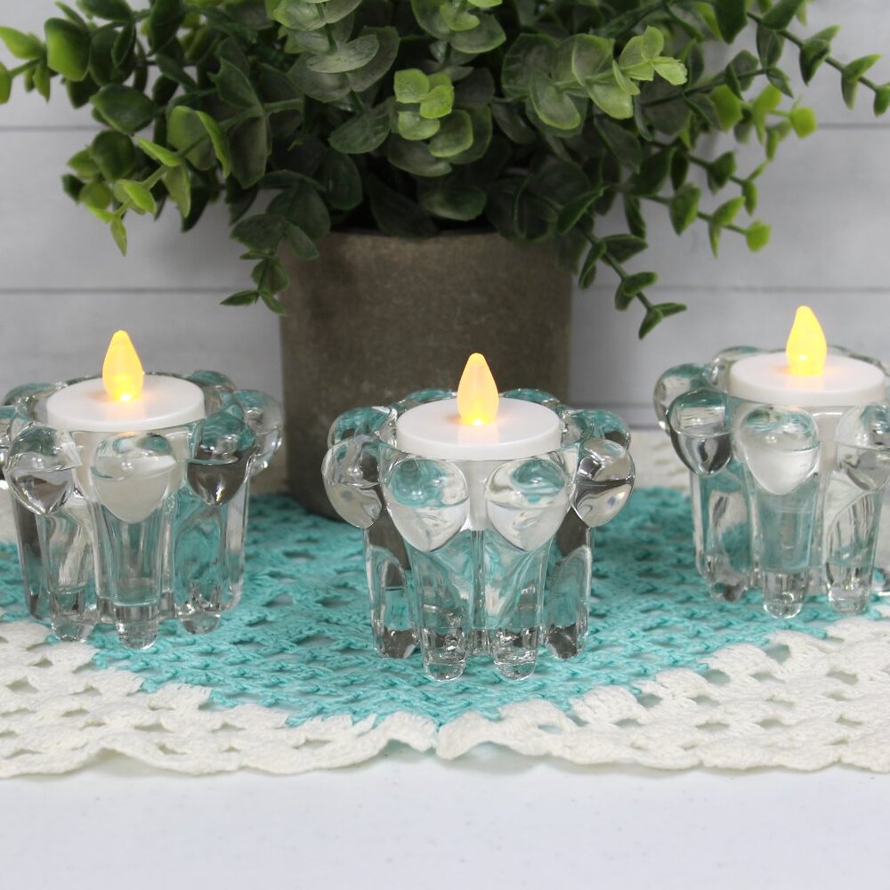 Vintage Set of 3 Reims France Candle Holders Clear Glass Bubble Tea Light Votive